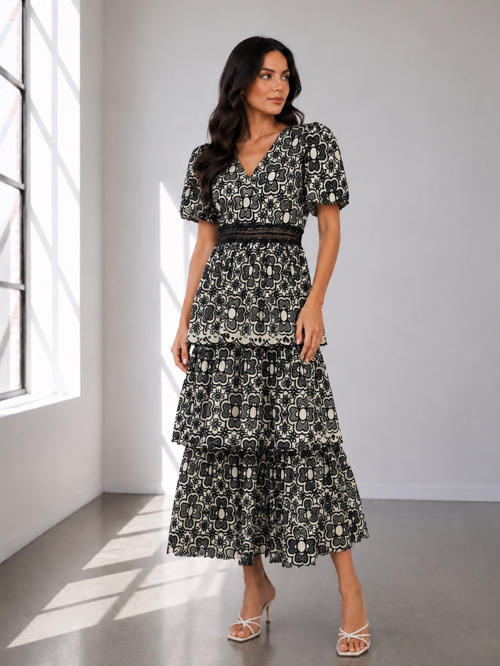 494. Monochrome Mosaic Tiered Maxi Dress